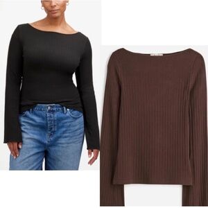 NWT Madewell Dark Carob Brown Ribbed Long-Sleeve Boatneck Top SZ Various